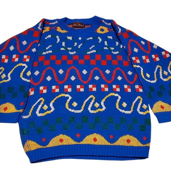 Vintage Marc Michel New York Sweater Men Blue Geometric Knit Pullover - Picture 3 of 12